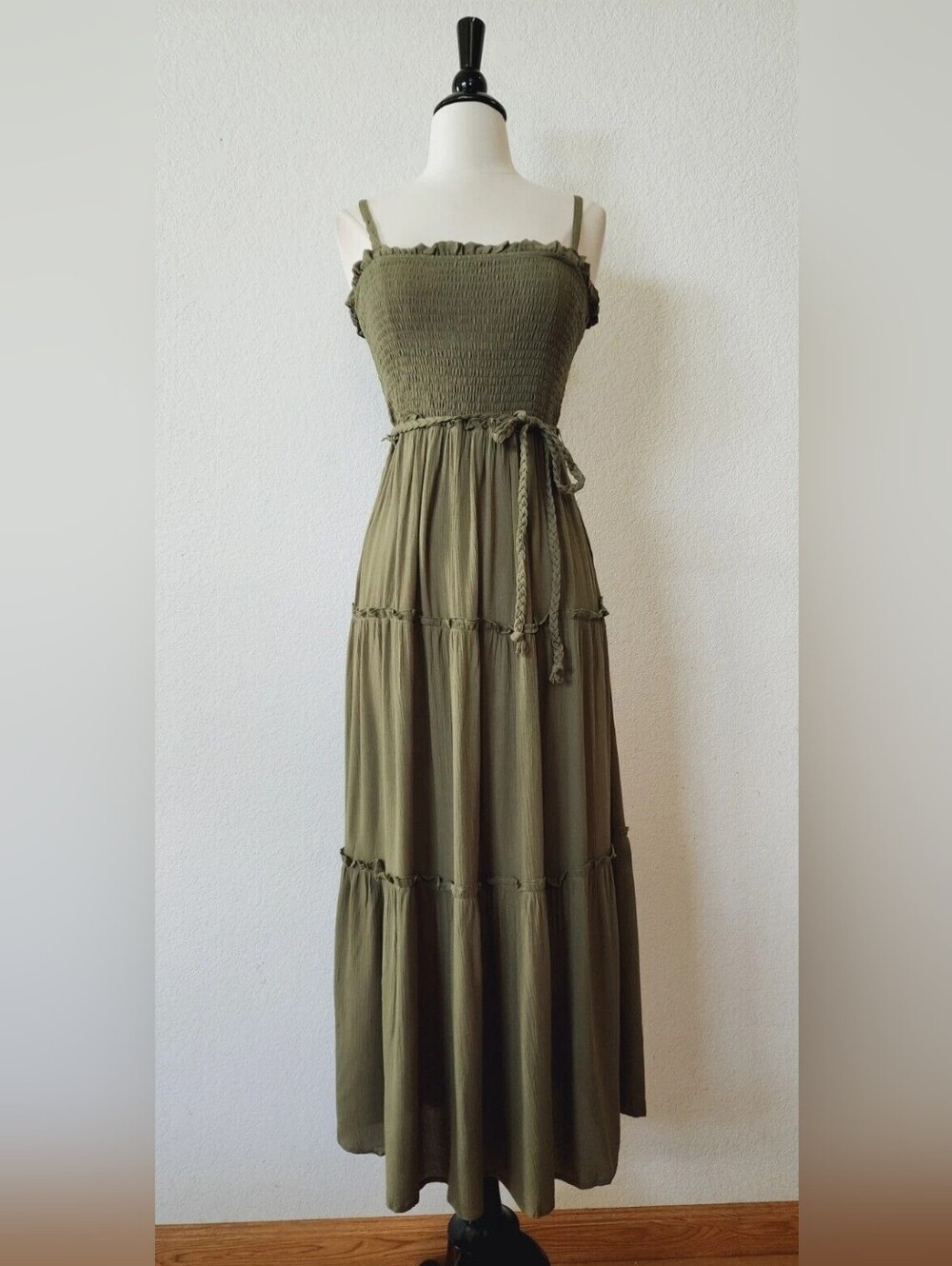 Olive Green Smocked Tiered Maxi Dress